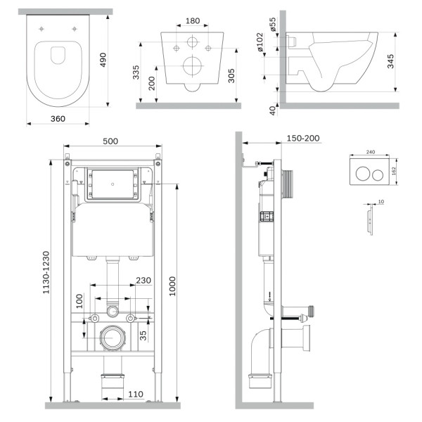 Комплект инсталляция с унитазом AM.PM PrimeFit с клав L черная матовая с подвесным унитазом Like AquaSpin 2.0 (IS90138.801901)
