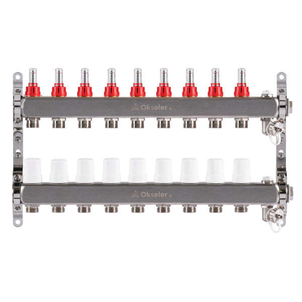 Коллекторная группа 9 отводов 1"*3/4"(18) ЕК с расходомерами Okseler (нерж.ст) с дренажным краном и краном Маевского (Oks00319)