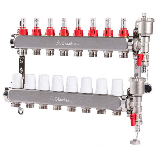 Коллекторная группа 8 отводов 1"*3/4"(18) ЕК с расходомерами Okseler (нерж.ст) с автоматическим воздухоотводчиком и спускным краном (Oks00346)