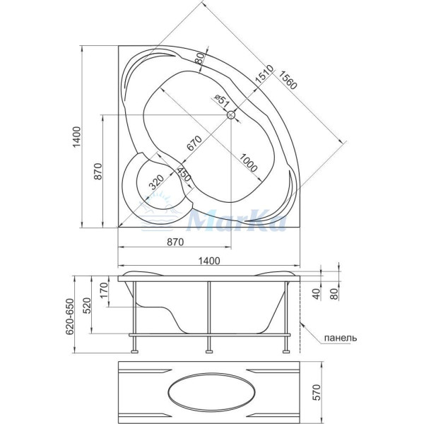 Ванна акриловая 1Marka Trapani 140x140 белая (01тр1414)