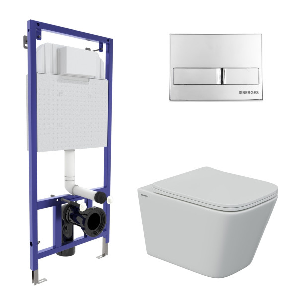 Комплект инсталляция с унитазом Berges Novum525 c с кнопкой L3 хром глянец, унитаз FLOE S Rimless, сиденье Floe S Slim SO (043242)