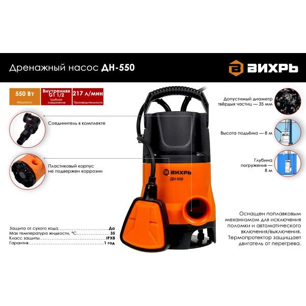 Насос дренажный Вихрь ДН-550 (68/2/9)