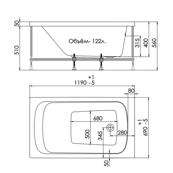 Ванна акриловая 1ACReal Gamma 120х69 белая (BBA-GA127X0-00U)