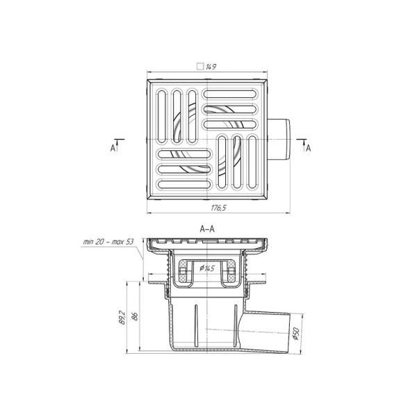 Трап горизонтальный 50 мм. (150*150) АНИ регулируемый, с сухим затвором (решетка нерж.ст.) АНИ пласт (TQ5612)