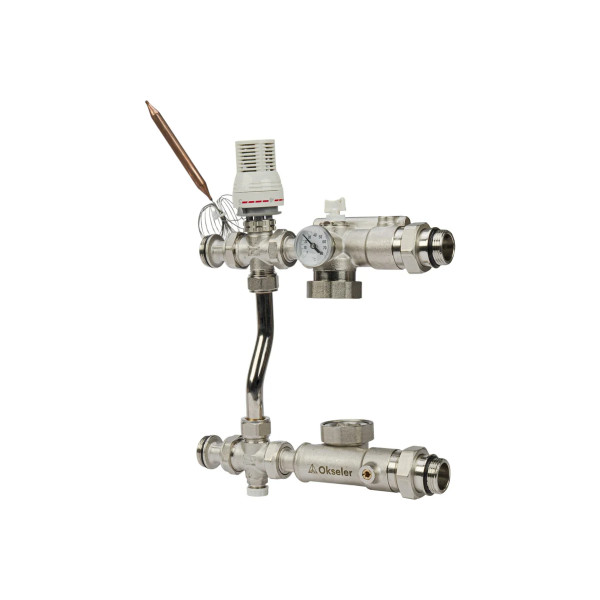 Модуль подмешивающий Okseler с термостатом 20-60°С, с перепускным клапаном, без насоса 130 мм (Oks00738)