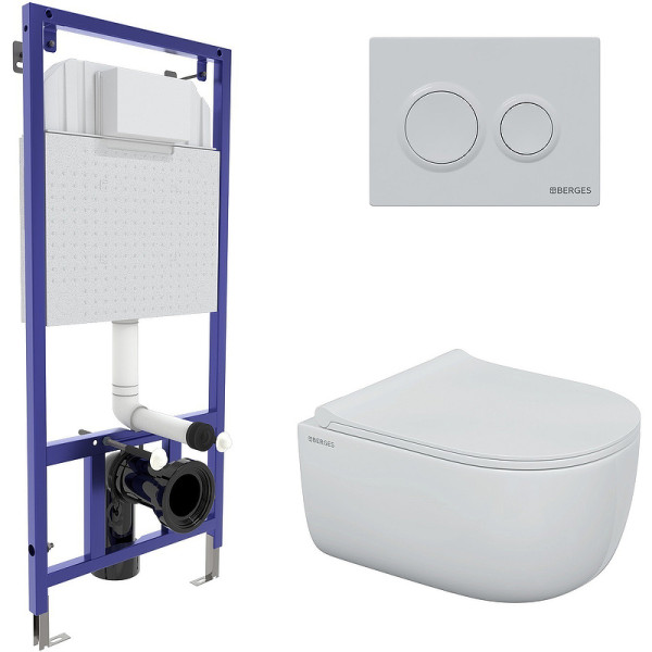 Комплект инсталляция с унитазом Berges Novum525 c с кнопкой O1 белая, унитаз EGO Rimless, сиденье Okus Slim SO (043250)