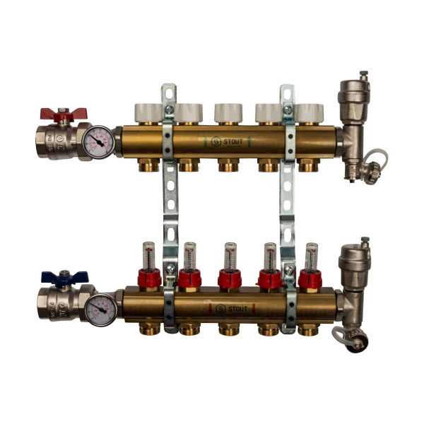 Коллекторная группа 5 отводов 1"x3/4"(18)EK в сборе с расходомерами Stout (латунь) (SMB-0473-000005)