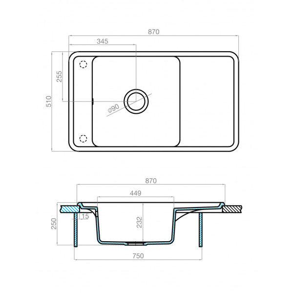 Мойка для кухни врезная Aquaton Беллис 510x870x250 графит (1.A724.8.32B.S21.0)