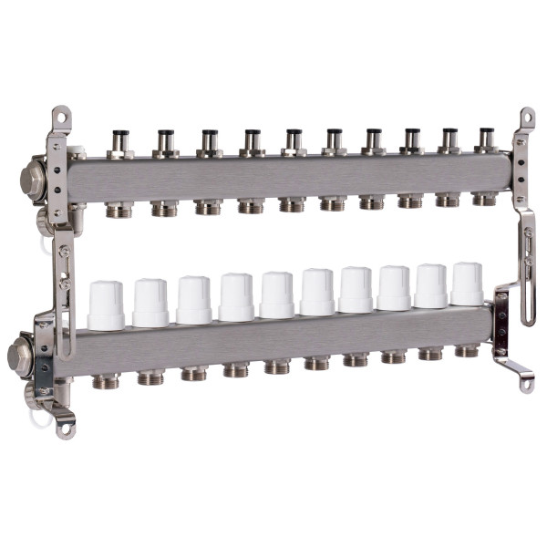 Коллекторная группа 10 отводов 1"*3/4"(18) ЕК с регулировочными клапанами Okseler (нерж.ст) с дренажным краном и краном Маевского (Oks00309)