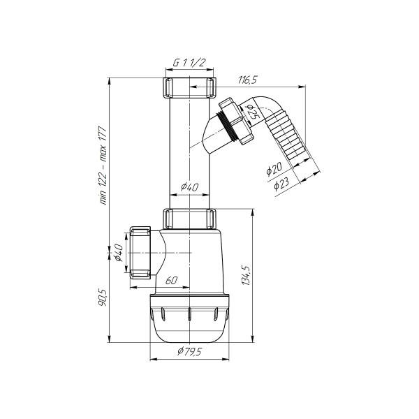 Сифон 40 мм. бутылочный АНИ "Грот" для донного клапана с отводом для стир.машины (без выпуска) АНИ пласт (A1020)