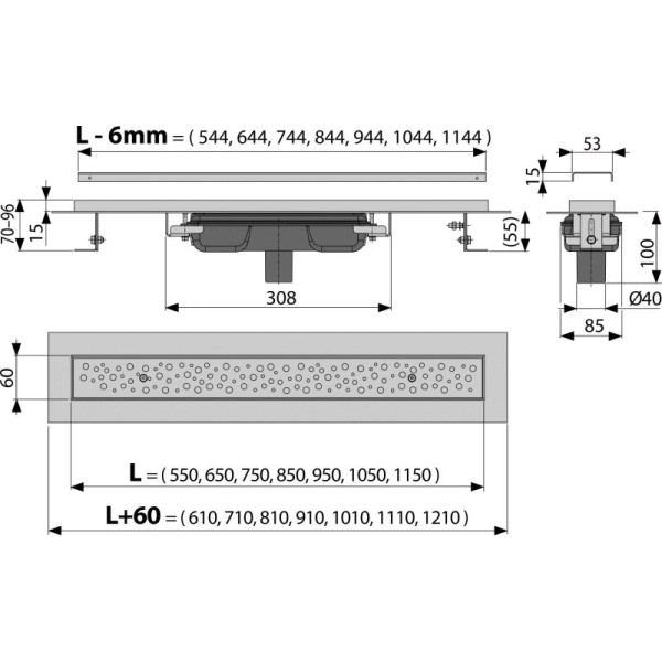 Лоток душевой AlcaPlast Alcadrain для перфор. решетки, вертикальный сток (APZ1111-300M)