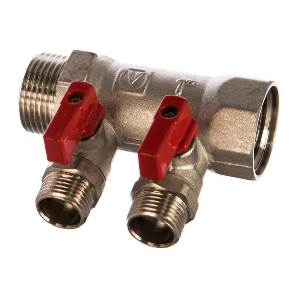 Коллектор 2 отв. с шар. клапанами 1"*1/2" Valtec (никель) красные ручки (VTc.580.N.0602) Коллектор 2 отв. с шар. клапанами 1"*1/2" Valtec (никель) красные ручки (VTc.580.N.0602)