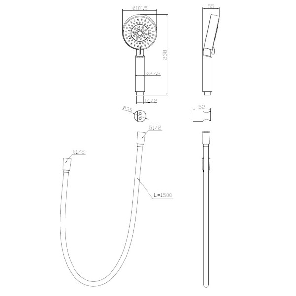 Душевой гарнитур Belbagno пятирежимный со шлангом PVC 150 см и держателем, хром (BB-DFS-5-CRM)