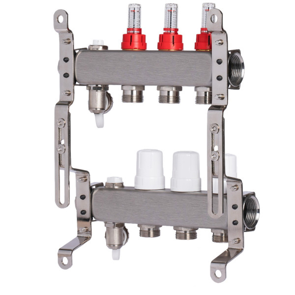 Коллекторная группа 3 отвода 1"*3/4"(18) ЕК с расходомерами Okseler (нерж.ст) с дренажным краном и краном Маевского (Oks00313)