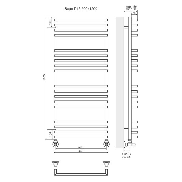 Полотенцесушитель водяной Terminus Берн Lux П18 500x1200 4-5-5-4 xром