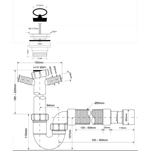 Сифон для раковины McAlpine 40 мм трубный с 2-мя отводами для подключения бытовой техники (MRSK10)