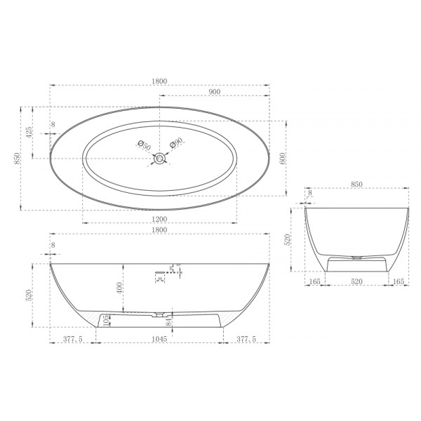 Ванна из искусственного камня Abber Stein 180x85 белая матовая (AS9625-1.8) Ванна из искусственного камня Abber Stein 180x85 белая матовая (AS9625-1.8)