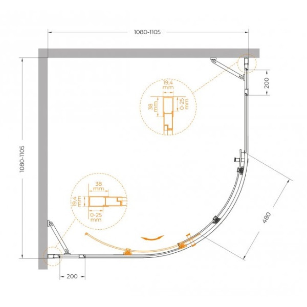 Душевой уголок Cezares Molveno 110x110x195 стекло прозрачное, профиль оружейная сталь (MOLVENO-R-11-90+20-C-GM-IV)