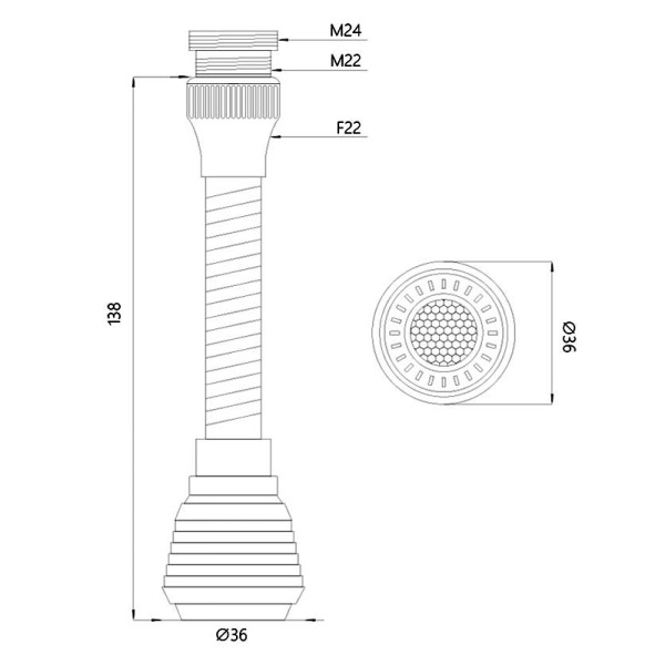Аэратор Melodia М22хМ24 пластиковый с гиб. удлин. 14см, 2 функц., нерж.сетка, белый (MKP20390BL)