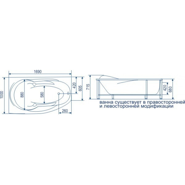 Ванна гидромассажная Bach Стар 170х100 L система 3 (гидромассаж 6 форсунок, многоцветная подсветка, спинной массаж)