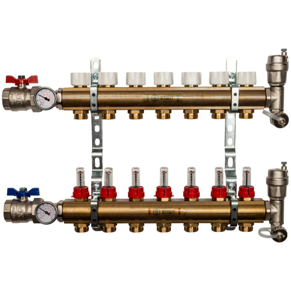 Коллекторная группа 7 отводов 1"x3/4"(18)EK в сборе с расходомерами Stout (латунь) (SMB-0473-000007)