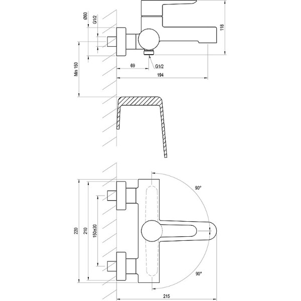 Смеситель для ванны и душа Ravak PU 022.00/150 хром (X070115)