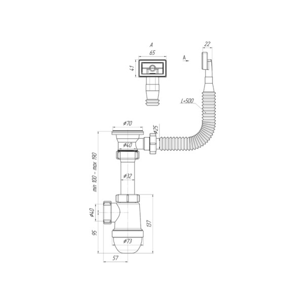 Сифон 40 мм. бутылочный АНИ с выпуском 1 1/2"*70 мм. с гибким прямоугольным переливом АНИ пласт (C0140S)
