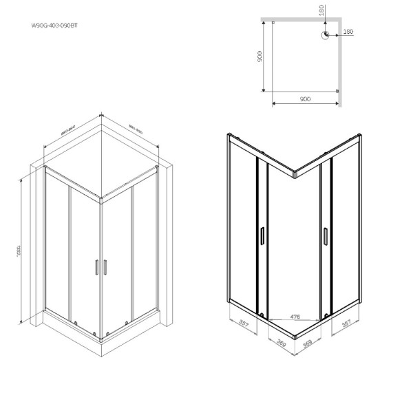 Уголок душевой AM.PM Gem 90x90x200 стекло прозрачное, профиль черный матовый (W90G-403-090BT)