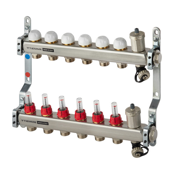 Коллекторная группа Tiemme 6 отводов 1"-3/4" НР ЕК M30х1,5 мм. с расходомерами (нерж.ст) (3920132)