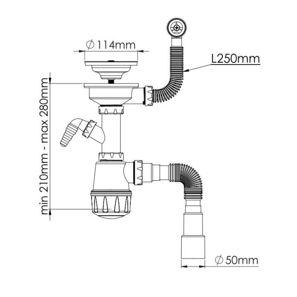 Сифон 40 мм бутылочный Nova 3 1/2"х114 мм с 1-им отв., круглым переливом и гибкой трубой 1 1/2"х40/50 (1048)