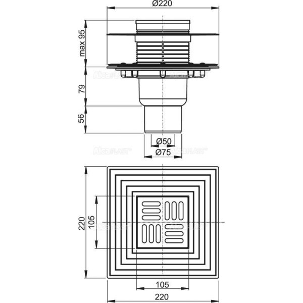 Трап сливной AlcaPlast 150х105/50/75 мм (прямой подвод, нерж. решетка) (APV4344)