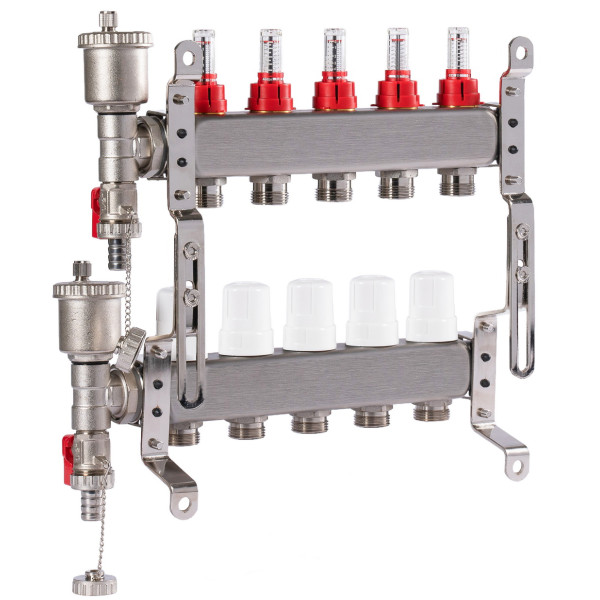 Коллекторная группа 5 отводов 1"*3/4"(18) ЕК с расходомерами Okseler (нерж.ст) с автоматическим воздухоотводчиком и спускным краном (Oks00343)