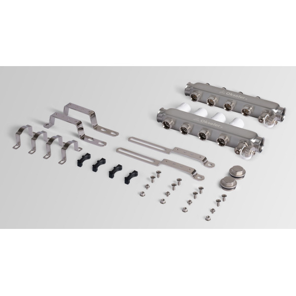 Коллекторная группа 4 отвода 1"*3/4"(18) ЕК с регулировочными клапанами Okseler (нерж.ст) с дренажным краном и краном Маевского (Oks00303)