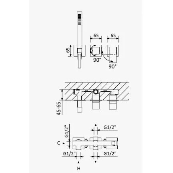 Смеситель для ванны и душа встраиваемый Cezares Porta на 3 выхода, с ручным душем, хром белый матовый (PORTA-VDM2-BIO)