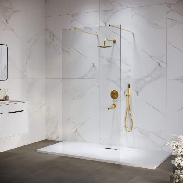 Душевое ограждение RGW Walk In 140x195 стекло прозрачное, профиль золото BRUSH (35101614-16) Душевое ограждение RGW Walk In 140x195 стекло прозрачное, профиль золото BRUSH (35101614-16)