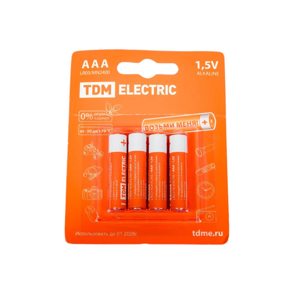 Элементы питания TDM LR03 AAA Alkaline 1,5V BP-4 (4 шт) (SQ1702-0006)