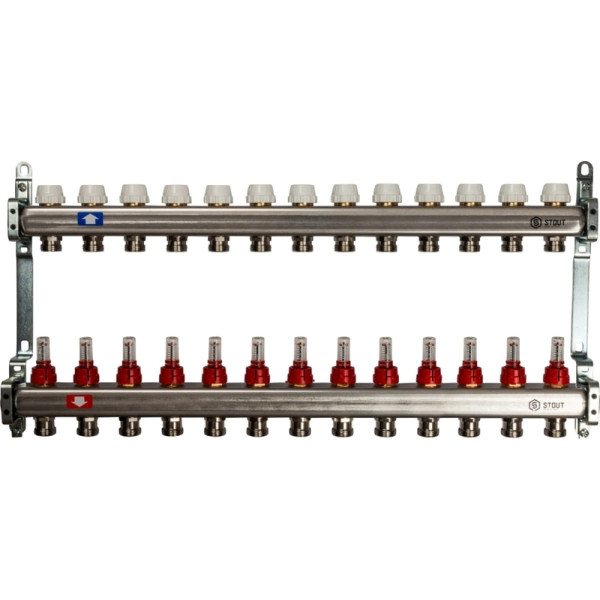 Коллекторная группа 13 отводов 1"x3/4"(18)EK с расходомерами Stout (нерж.сталь) (SMS-0917-000013)