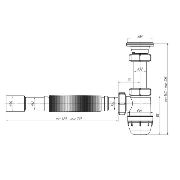 Сифон Ани-Пласт 1 1/4"x32 с гибкой трубой mini Юнг