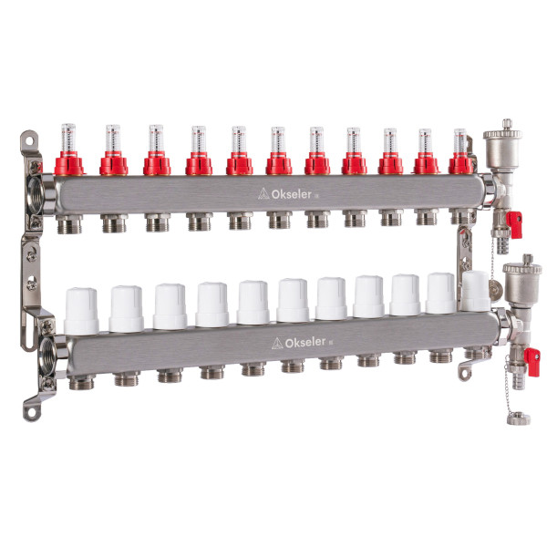Коллекторная группа 11 отводов 1"*3/4"(18) ЕК с расходомерами Okseler (нерж.ст) с автоматическим воздухоотводчиком и спускным краном (Oks00349)