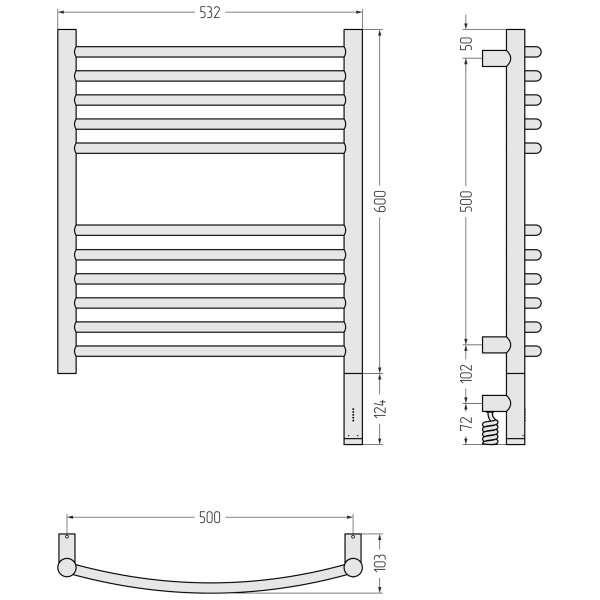 Полотенцесушитель электрический Сунержа Богема 3.1 выгнутая 600x500 провод справа матовый чёрный (31-6003-6050)