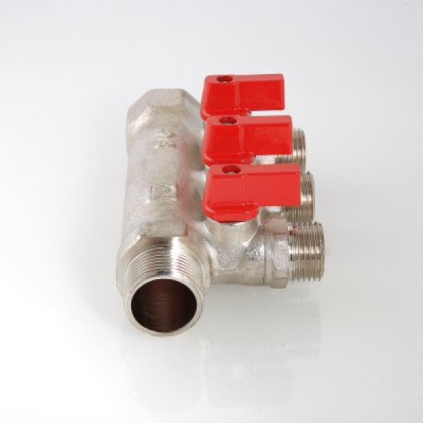 Коллектор 3 отв. с шар. клапанами 1"*1/2" Valtec (никель) красные ручки (VTc.580.N.0603) Коллектор 3 отв. с шар. клапанами 1"*1/2" Valtec (никель) красные ручки (VTc.580.N.0603)