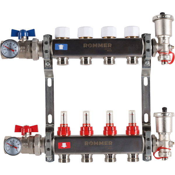 Коллекторная группа Rommer 4 отвода 1"x3/4" в сборе с расходомерами (нерж.сталь) (RMS-1210-000004)