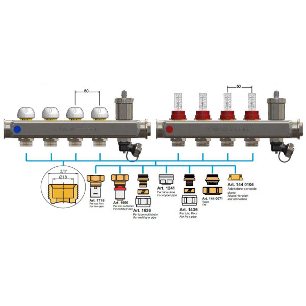 Коллекторная группа Tiemme 8 отводов 1"-3/4" НР ЕК M30х1,5 мм. с расходомерами (нерж.ст) (3920134) Коллекторная группа Tiemme 8 отводов 1"-3/4" НР ЕК M30х1,5 мм. с расходомерами (нерж.ст) (3920134)