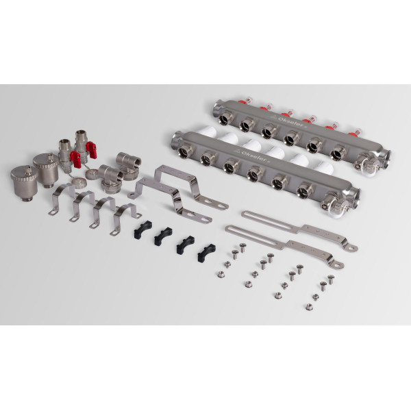 Коллекторная группа 6 отводов 1"*3/4"(18) ЕК с расходомерами Okseler (нерж.ст) с автоматическим воздухоотводчиком и спускным краном (Oks00344)