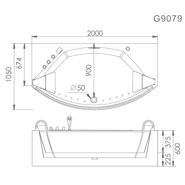 Ванна аэромассажная Gemy G9079 2000х1050х600