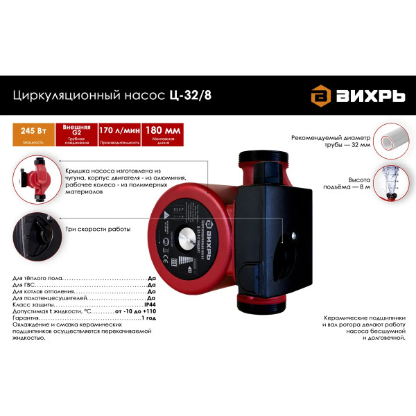 Насос циркуляционный Вихрь Ц-25/8 Стандарт (68/7/11)