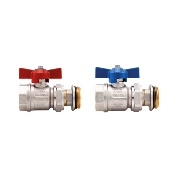 Комплект прямых шаровых кранов Itap со сгоном и уплотнением 1" (бабочка красного и синего цвета) (0980100RSK)