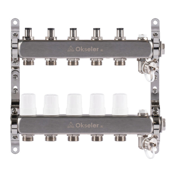 Коллекторная группа 5 отводов 1"*3/4"(18) ЕК с регулировочными клапанами Okseler (нерж.ст) с дренажным краном и краном Маевского (Oks00304)