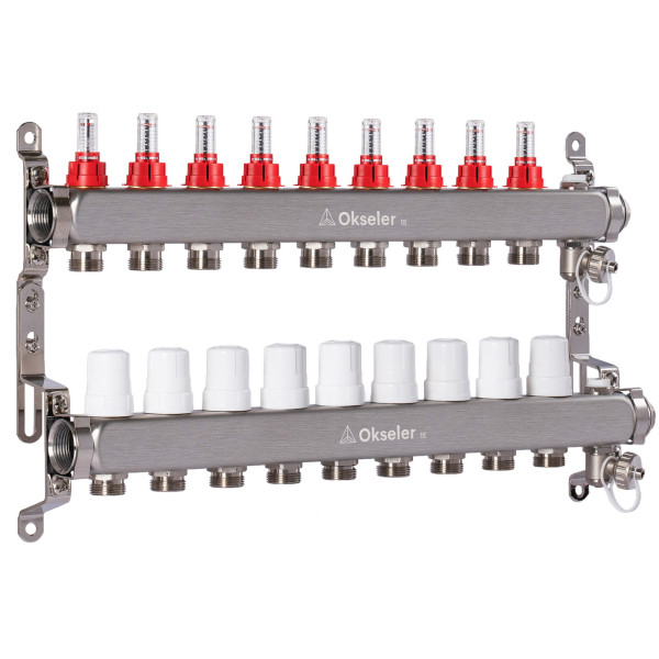 Коллекторная группа 9 отводов 1"*3/4"(18) ЕК с расходомерами Okseler (нерж.ст) с дренажным краном и краном Маевского (Oks00319)