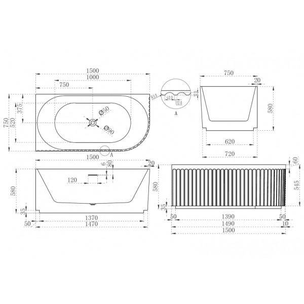 Ванна акриловая Abber 150x75x58 L белая (AB9412-1.5 L)
